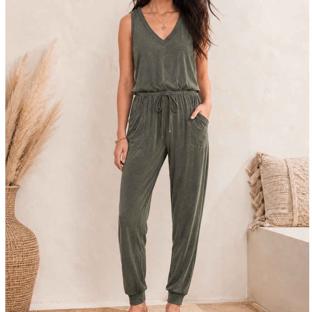 Lou‎ & Grey Women Drawstring Jumpsuit XS Olive Green Soft Sandwashed Sleeveless